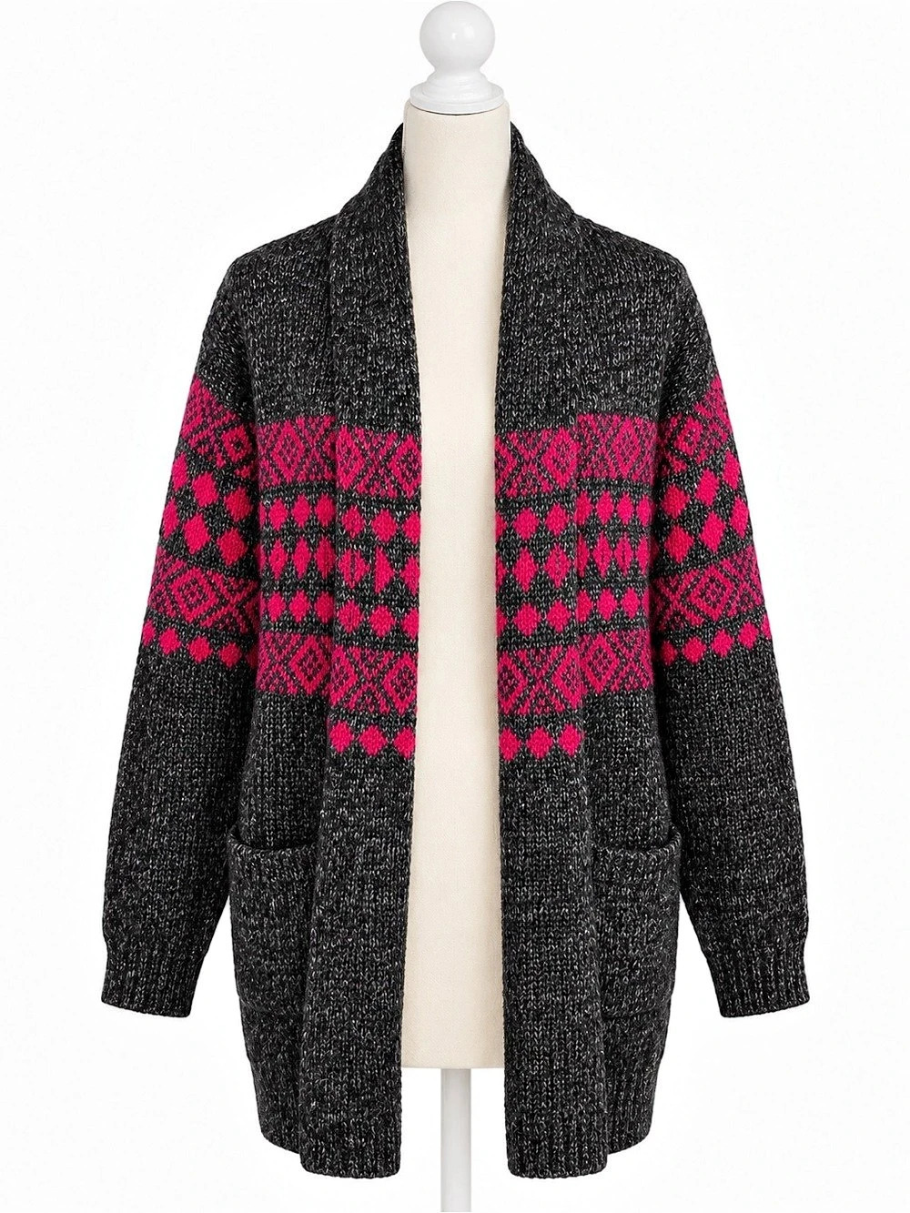 Eddie Bauer Fair Isle Open Front Long Cardigan Sweater Womens M Black Pink Wool